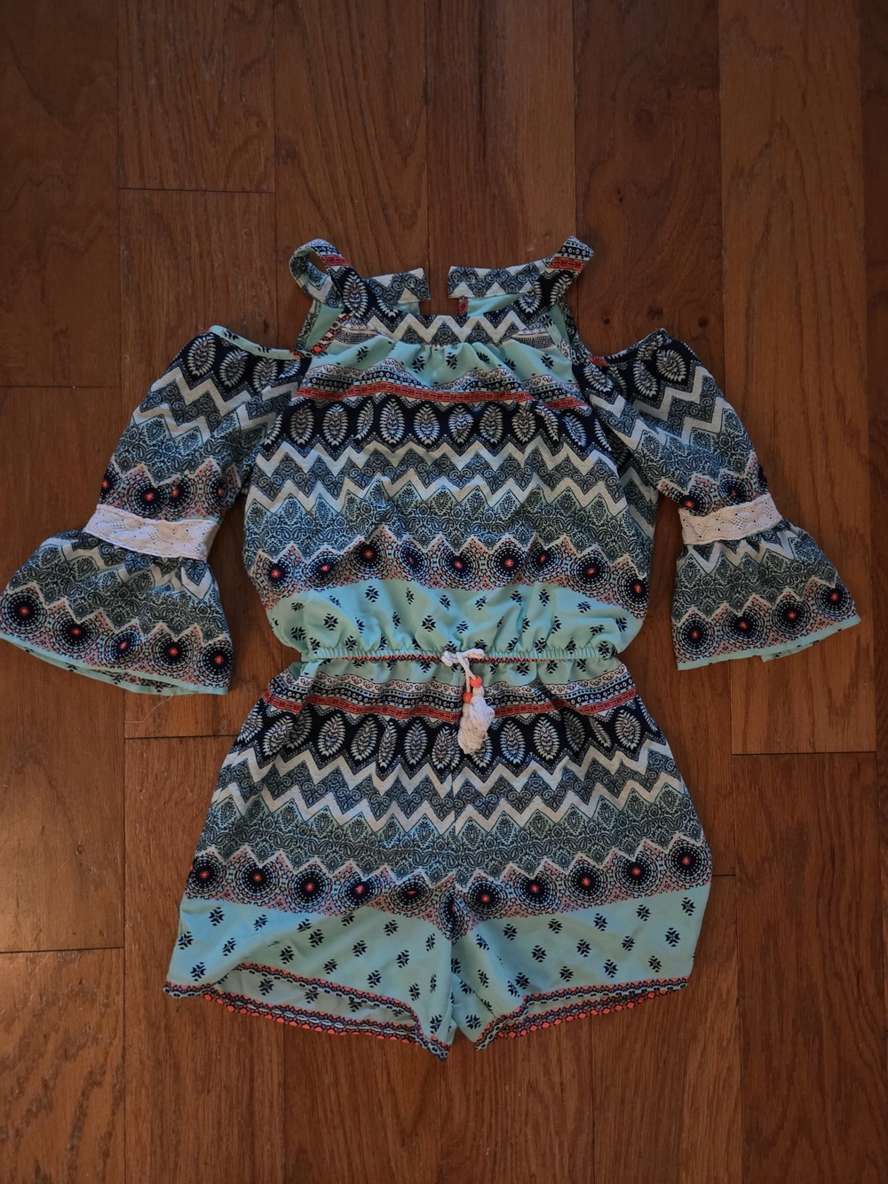 My Michelle Aqua and Navy Patterned Cold-Shoulder Romper